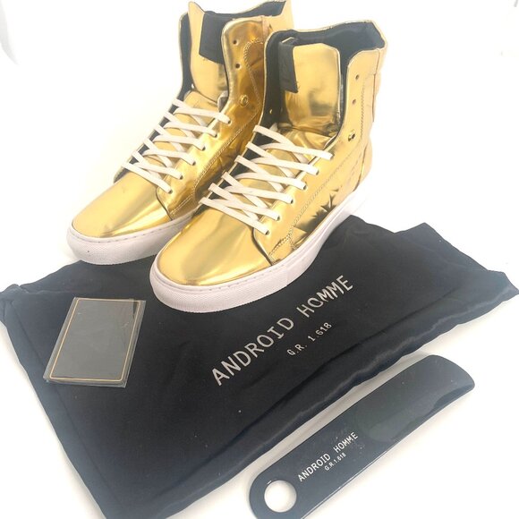 NWOT ANDROID HOMME Luxury Designer GOLD HIGH TOP SNEAKERS  Mens 9 - Picture 1 of 4